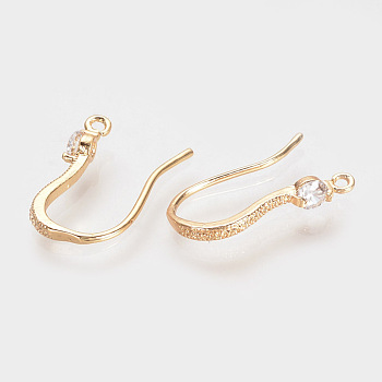 Brass Cubic Zirconia Earring Hooks, with Horizontal Loop, Nickel Free, Real 18K Gold Plated, 16x11x1.5mm, Hole: 1mm, 20 Gauge, Pin: 0.8mm