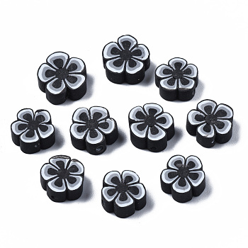 Handmade Polymer Clay Beads, Flower, Black, 7~10x7~11x3~5mm, Hole: 1.6mm