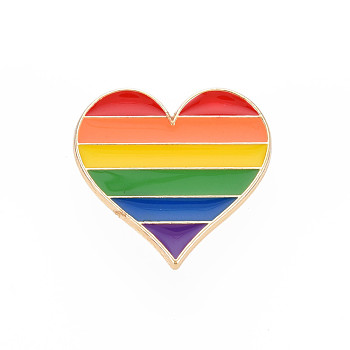 Alloy Pride Brooches, Enamel Pin, with Brass Butterfly Clutches, Rainbow Heart, Light Gold, Colorful, 23x25x2mm, Pin: 1mm