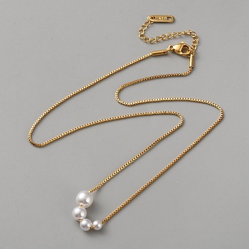 Plastic Round Graduated Beaded Stainless Steel Box Chain Necklaces, White, Golden, 16.38 inch(41.6cm)