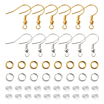 80Pcs 2 Color Iron Earring Hooks, French Hooks with Coil and Ball, with 12Pcs Open Jump Rings & 100Pcs Plastic Ear Nuts, Golden & Silver, 17~19x0.8mm, Hole: 2mm, 22 Gauge, Pin: 0.6mm, 40Pcs/color