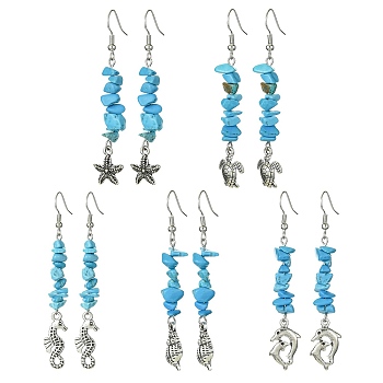 Synthetic Turquoise Chips Dangle Earring, Alloy Long Drop Earrings, Mixed Shapes, 65~75x9~10mm