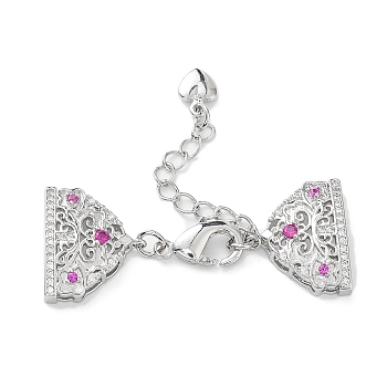 Brass Micro Pave Cubic Zirconia Chain Extender with Glass, Real Platinum Plated Necklace Layering Clasps, with Lobster Claw Clasps, Triangle, Fuchsia, 41mm, Chain Extender: 43mm, End: 14x17x4mm, Hole: 6.5x2mm and 1x3mm