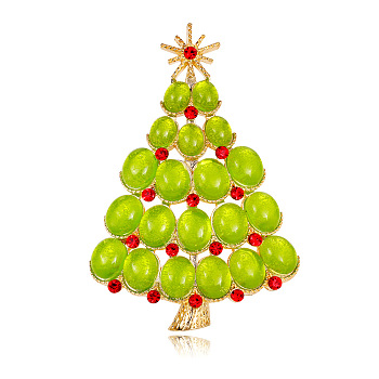 Christmas Tree Resin Brooch Pin with Rhinestone, Light Gold Alloy Brooch for Backpack Clothes, Yellow Green, 74x50mm