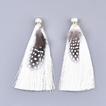 Polyester Tassel Big Pendant Decorations, with Feather and Iron Findings, White, 96~100x7mm, Hole: 5mm