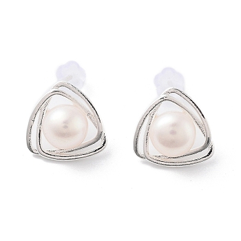 Natural Pearl Triangle Stud Earrings, Brass Earrings with 925 Sterling Silver Pins, Silver, 12x12.5mm