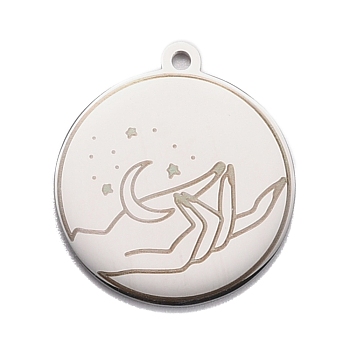 Non-Tarnish 304 Stainless Steel Pendants, Flat Round with Moon & Hand, Stainless Steel Color, 28x25x1.4mm, Hole: 2mm