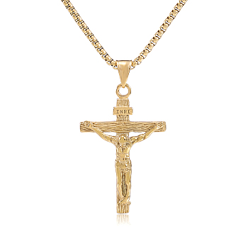 Cross Pendant Necklace with Jesus Crucifix Religious Necklace Sacrosanct Charm Neck Chain Jewelry Gift for Birthday Easter Thanksgiving Day, Golden, 21.65 inch(55cm)