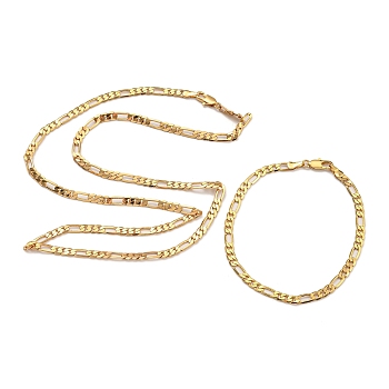 Brass Figaro Chain Bracelets & Necklaces for Women, Real 18K Gold Plated, Necklaces: 17.72 inch(45cm), Bracelet: 8.46 inch(21.5cm)