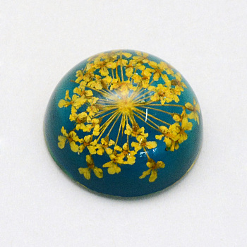 Resin Cabochons, Dome, Half Round, with Dried Flower inside, Yellow, 17.5~18x8.5~9.5mm
