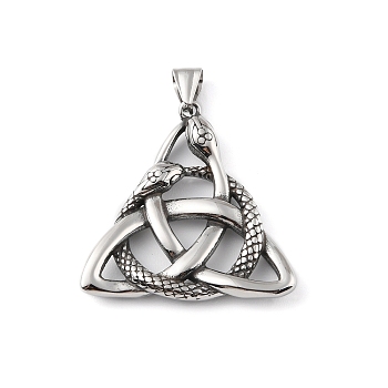 304 Stainless Steel Pendants, with 201 Stainless Steel Snap on Bails, Trinity Knot with Snake Charm, Antique Silver, 43.5x43x5mm, Hole: 9x4mm