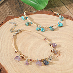Bohemian Style Synthetic Turquoise and Natural Amethyst Chip Tassel Raffia Cord Double Layer Anklets, Platinum, 9-1/2 inch(240mm), 2pcs/set(FS-WGA75A5-03)