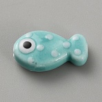 Handmade Porcelain Beads, Hand Painted Ceramic Beads, Fish, Aquamarine, 19.5x11x6.5mm, Hole: 2mm(PORC-WH20001-02H)