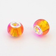 Two Tone Transparent Glass European Beads, Large Hole Rondelle Beads, with Golden Tone Brass Cores, Orange, 14x10mm, Hole: 5mm(GPDL-J008-01S)