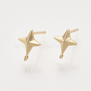 Brass Stud Earring Findings, Nickel Free, with Loop, Real 18K Gold Plated, Star, Star: 9.5x7mm, Hole: 0.9mm, Pin: 0.8mm(KK-T048-015G-NF)