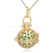 Golden Tone Brass Hollow Round Cage Pendants, with No Hole Spray Painted Brass Ball Beads, Medium Turquoise, 35x25x21mm, Hole: 3x8mm(KK-J232-02G)