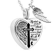 Heart and Wing Urn Ashes Pendant Necklace, Cross with Word Brother 316L Stainless Steel Memorial Jewelry for Men Women, Word, 18.9 inch(48cm)(BOTT-PW0001-039A)