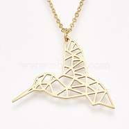 201 Stainless Steel Pendant Necklaces, with Cable Chains, Hummingbird, Golden, 17.5 inch~17.9 inch(44.5~45.5cm), 1.5mm, Hummingbird: 27x35x1mm(NJEW-T009-JN051-2-45)