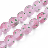 Handmade Frosted Lampwork Beads Strands, Round with Flower, Pink, 11~12mm, Hole: 1.4mm, about 45pcs/strand, 19.69 inch(50cm)(LAMP-N021-39A)