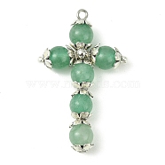 Natural Green Aventurine Copper Wire Wrapped Pendants, Cross Charms, Platinum, 39x23~24x7mm, Hole: 1.8~2mm(PALLOY-TA00066-01)
