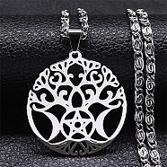 304 Stainless Steel Pendant Necklaces for Women Men, Tree of Life with Moon, Stainless Steel Color, 19.49 inch(49.5cm)(NJEW-G123-14P)