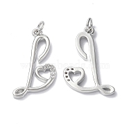 Eco-Friendly Rack Plating Brass Micro Pave Cubic Zirconia Pendants, Long-Lasting Plated, Lead Free & Cadmium Free, with Jump Ring, Capital Letter L with Heart Charm, Platinum, 25.5x15.5x2mm, Hole 3.3mm(KK-F845-31P)