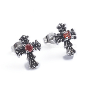 Retro 304 Stainless Steel Stud Earrings, with Cubic Zirconia and Ear Nuts, Cross, Red, Antique Silver, 13x10mm, Pin: 0.6mm(EJEW-L248-059AS)