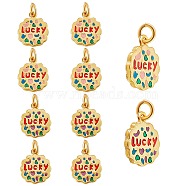 10Pcs 2 Colors Rack Plating Alloy Enamel Pendants, Long-Lasting Plated, Matte Style, Cadmium Free & Nickel Free & Lead Free, with Jump Rings, Flower with Word Lucky, Mixed Color, 16x13.5x2mm, Jump Ring: 6mm in diameter, 1mm thick, Inner Diameter: 4mm, 5pcs/color(ENAM-SZ0003-05)