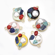 Alloy Links connectors, with Natural & Synthetic Gemstone Chip, ABS Plastic Imitation Pearl and Enamel, Flat Round, Light Gold, Mixed Color, 22x16x6~7mm, Hole: 2mm(ENAM-S016-60)