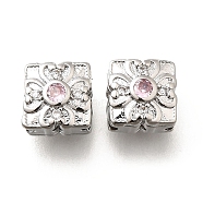 Brass Micro Pave Pearl Pink Cubic Zirconia Beads, Square with Flower, Real Platinum Plated, 11x11x6.5mm, Hole: 1.2mm(KK-M318-34P)