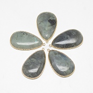 Natural Labradorite Big Pendants, with Brass Findings, teardrop, 53~54x31~32x7~8mm, Hole: 1~2mm(G-Q494-75A-G)