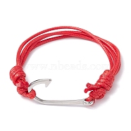 Fish Hook Shape 304 Stainless Steel Link Braclet, Waxed Polyester Cord Adjustable Bracelets, FireBrick, Inner Diameter: 2-1/4~3-7/8 inch(5.7~9.8cm)(BJEW-JB09817-03)