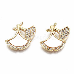 Brass Micro Pave Clear Cubic Zirconia Links Connectors, with Natural Freshwater Shell, Nickel Free, Real 18K Gold Plated, Ginkgo Leaf, Creamy White, 14x15x1.5mm, Hole: 1mm(KK-T056-102G-NF)