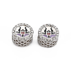 Rack Plating Alloy Enamel European Beads, with Crystal Rhinestone, Large Hole Beads, Cadmium Free & Nickel Free & Lead Free, Flat Round with Devil, Platinum, Lilac, 11x8mm, Hole: 5mm(MPDL-N039-125)