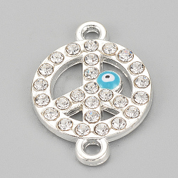 Alloy Rhinestone Links connectors, Cadmium Free & Lead Free, Flat Round with Peace Sign and Evil Eye, Sky Blue, Silver Color Plated, 22.5x16x2mm, Hole: 1.5mm(ALRI-S170-33S)