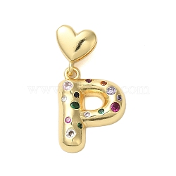 Rack Plating Brass Micro Pave Clear Cubic Zirconia Perdants, Cadmium Free & Lead Free, Long-Lasting Plated, Real 18K Gold Plated, Letter P, 30mm, Pendant: 21x15x4mm, Hole: 6x3mm(KK-C067-12G-P)