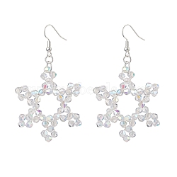 Snowflake Glass Dangle Earrings, with Brass Findings, Clear AB, 67x38~40mm(EJEW-TA00474)