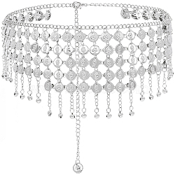 Alloy Multi Layers Flat Round Waist Belt with Curb Chains, Belly Dance Hip Scarfs, Platinum, 43-1/8 inch(109.5cm)(FIND-WH20010-06P)