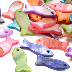 Electroplate Natural Freshwater Shell Pendants, Dyed, Fish, Mixed Color, 21~23x9~10x2.5mm, Hole: 1.4mm(SHEL-T017-20)