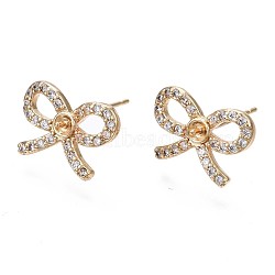 Brass Micro Pave Clear Cubic Zirconia Stud Earring Findings, for Half Drilled Bead, Bowknot, Real 18K Gold Plated, 10x14mm, Pin: 0.7mm, pin: 0.9mm(for Half Drilled Bead).(KK-Q764-037)