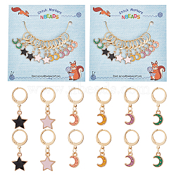 Alloy Enamel Star & Moon Pendant Locking Stitch Markers, 304 Stainless Steel Claw Clasp Stitch Marker, Mixed Color, 2.6~2.9cm, 6 style, 2pcs/style, 12pcs/set(HJEW-AB00041)