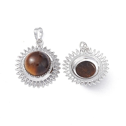 Natural Tiger Eye Pendants, Sun Charms, with Platinum Tone Brass Findings, Half Round, 31x27.5x12mm, Hole: 7x5mm(G-F733-04H)