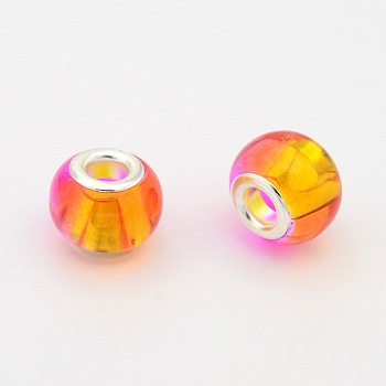 Two Tone Transparent Glass European Beads, Large Hole Rondelle Beads, with Golden Tone Brass Cores, Orange, 14x10mm, Hole: 5mm