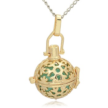 Golden Tone Brass Hollow Round Cage Pendants, with No Hole Spray Painted Brass Ball Beads, Medium Turquoise, 35x25x21mm, Hole: 3x8mm