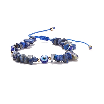 Natural Lapis Lazuli Chips & Resin Evil Eye Braided Bead Bracelet, Gemstone Adjustable Bracelet for Women, Inner Diameter: 2~3-1/2 inch(5~9cm)