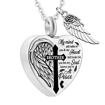 Heart and Wing Urn Ashes Pendant Necklace, Cross with Word Brother 316L Stainless Steel Memorial Jewelry for Men Women, Word, 18.9 inch(48cm)