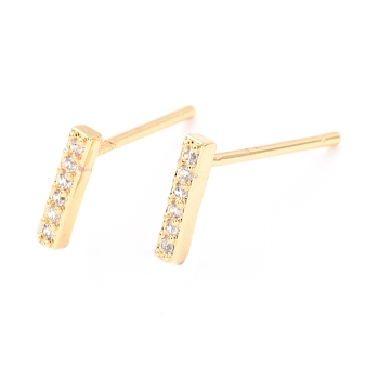 Brass Micro Pave Clear Cubic Zirconia Stud Earrings, Greek Alphabet, Real 18k Gold Plated, Letter.I, 8x1.7x1.8mm, Pin: 0.8mm