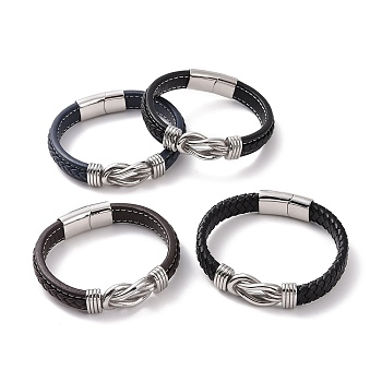 304 Stainless Steel Interlocking Kont Link Bracelet, Microfiber Leather Cord Punk Bracelet with Magnetic Buckle for Men Women, Stainless Steel Color, 8-1/2 inch(21.6cm)