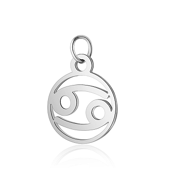 304 Stainless Steel Charms, with Jump Rings, Polished, Flat Round with Constellation, Cancer, 13x11x1mm, Hole: 2.5mm