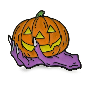 Halloween Theme Enamel Pins, Alloy Brooch, Devil Hand Holding Pumpkin, 27x30mm